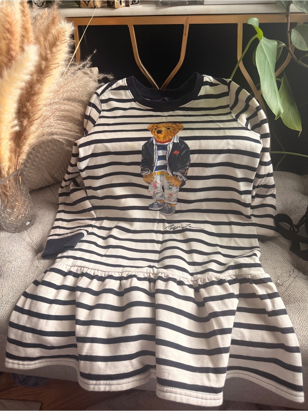 Striped Navy and White Kids' Dress with Bear Motif